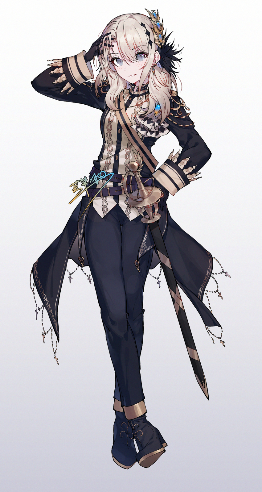 1girl, absurdres, black_gloves, black_jacket, black_pantyhose, black_shoes, blush, commentary_request