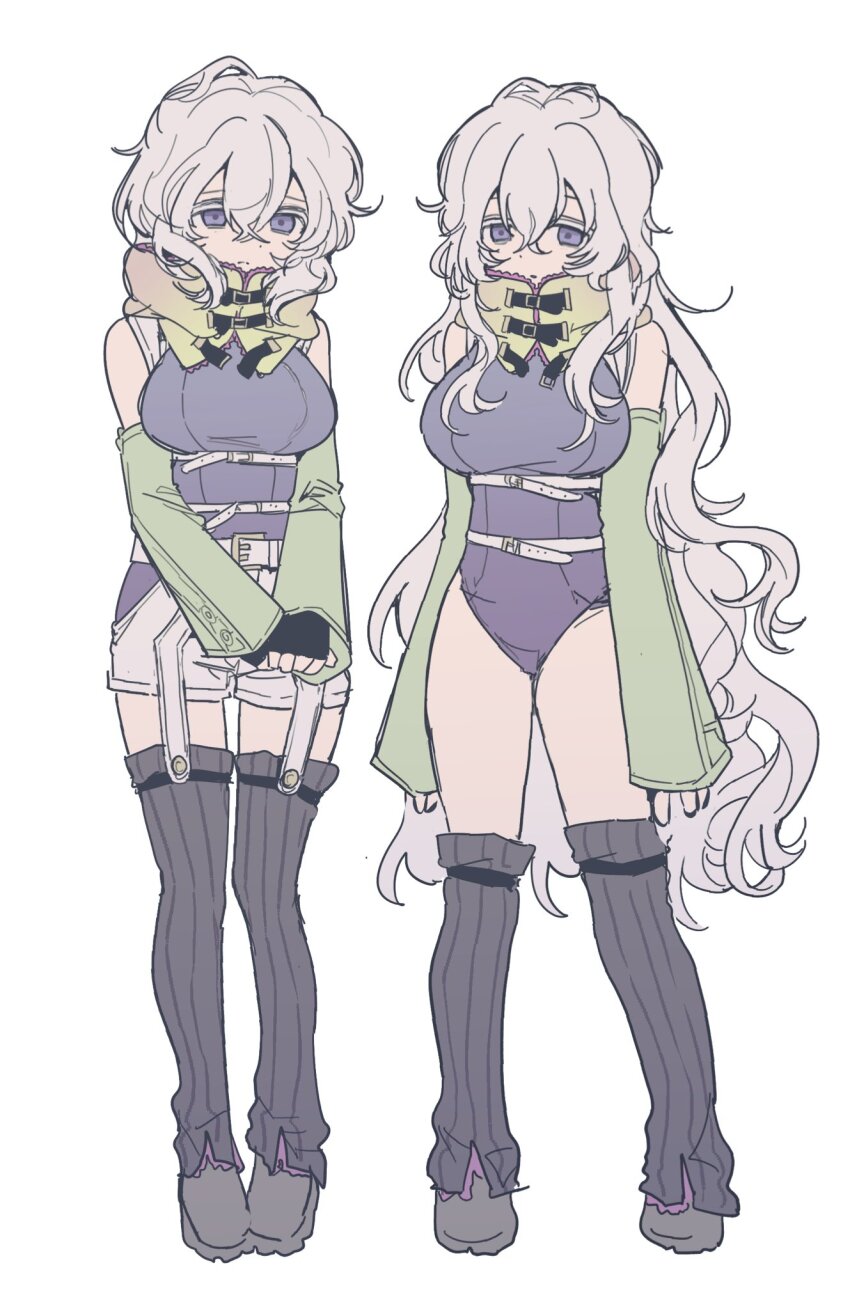 1girl, belt, black_gloves, breasts, closed_mouth, commentary_request, detached_hood, detached_sleeves, dual_persona, fingerless_gloves, frown, full_body, garter_straps, gemamamaa, genderswap, genderswap_(mtf), gloves, gnosia, green_sleeves, grey_shoes, grey_shorts, hair_between_eyes, highres, korean_commentary, large_breasts, leg_warmers, leotard, long_hair, long_sleeves, looking_at_viewer, multiple_belts, purple_eyes, remnan_(gnosia), scarf, shoes, short_hair, short_shorts, shorts, simple_background, standing, striped_clothes, striped_thighhighs, thighhighs, very_long_hair, wavy_hair, white_background, white_hair