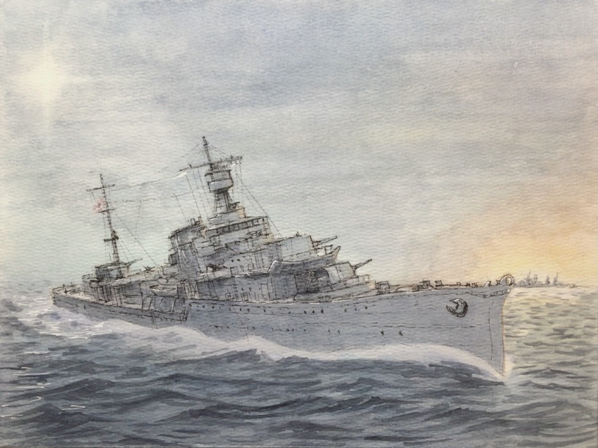 atelier_bono, battle_of_savo_island, commentary_request, cruiser, fire, highres, historical_event, imperial_japanese_navy, mast, military, military_vehicle, night, no_humans, ocean, original, painting_(medium), rising_sun_flag, sailing, ship, ship_turret, sky, smokestack, sunburst, traditional_media, warship, watercolor_(medium), watercraft, yuubari_(cruiser)
