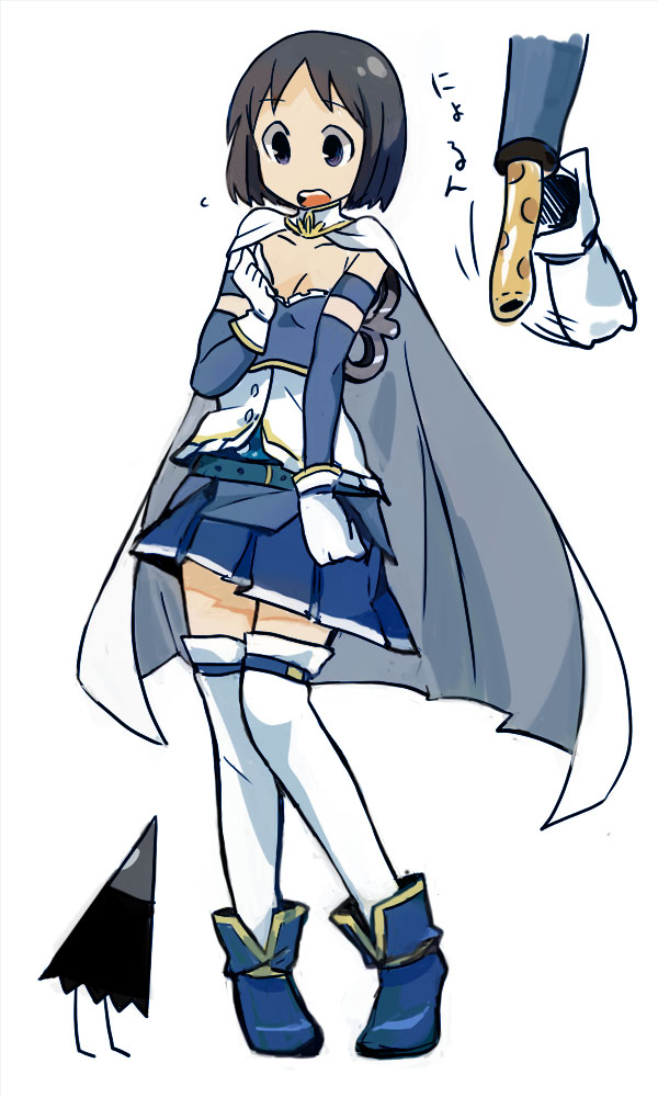 1girl, bird, black_eyes, black_hair, breasts, cape, chikuwa, cleavage