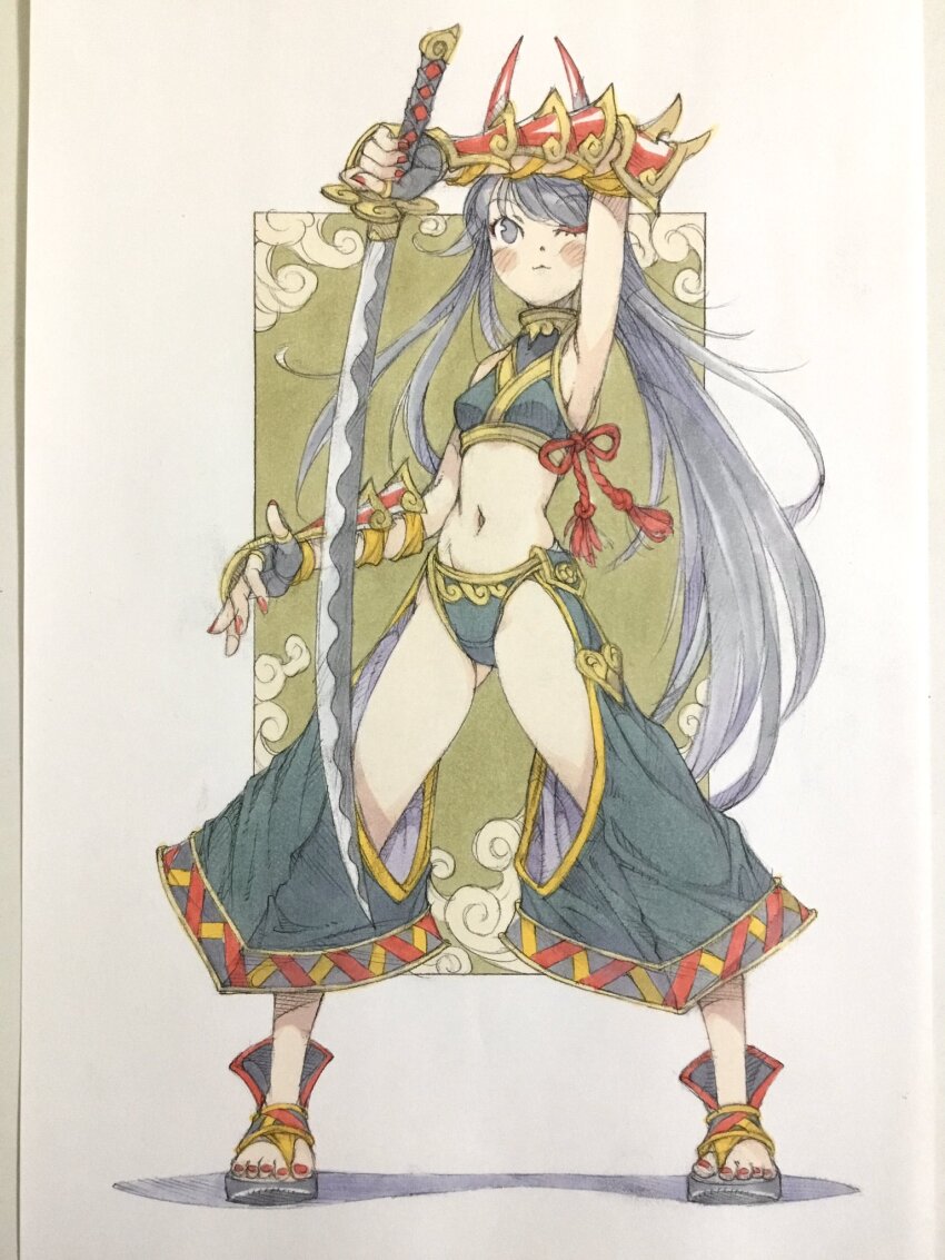 1girl, arm_above_head, arm_guards, arm_up, black_eyes, black_gloves, black_hair, black_panties