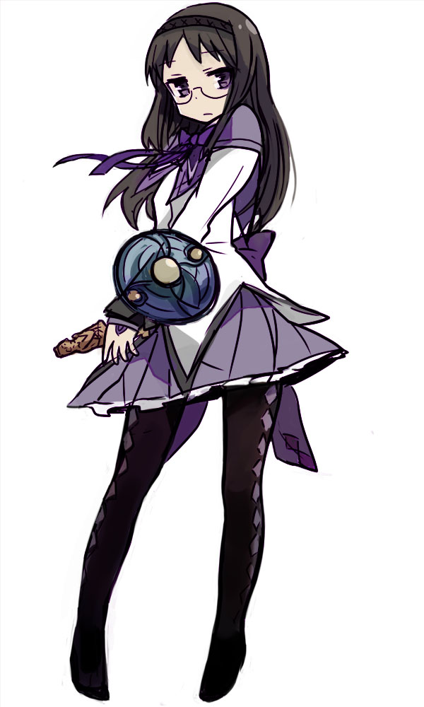 1girl, akemi_homura, akemi_homura_(cosplay), akemi_homura_(magical_girl), argyle_clothes, argyle_pantyhose, black_hair, black_pantyhose, cosplay, female_focus, figure, glasses, hairband, legs, long_hair, look-alike, magical_girl, mahou_shoujo_madoka_magica, mahou_shoujo_madoka_magica_(anime), minakami_mai, nd, nichijou, pantyhose, parody, purple_eyes, shield, simple_background, skirt, solo, standing