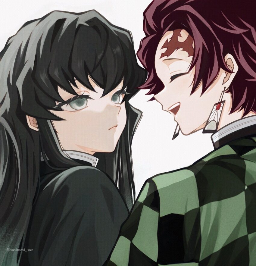 2boys, aqua_eyes, black_hair, checkered_haori, closed_eyes, earrings, empty_eyes, from_behind, hanafuda_earrings, haori, highres, japanese_clothes, jewelry, kamado_tanjirou, kimetsu_no_yaiba, long_hair, male_focus, multiple_boys, open_mouth, red_hair, short_hair, simple_background, smile, susimesi_sun, teeth, tokitou_muichirou, twitter_username, upper_body, upper_teeth_only, white_background