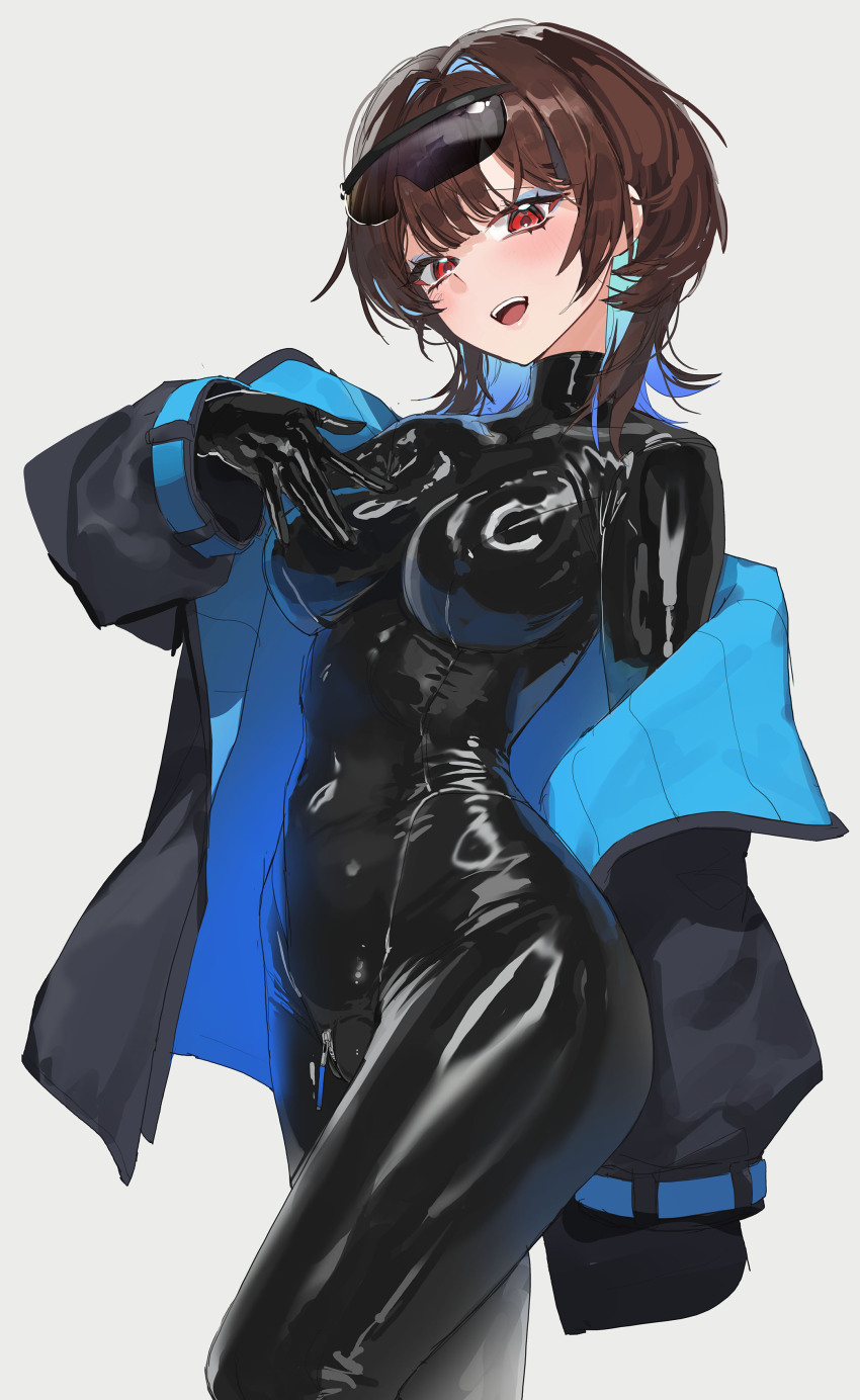 1girl, absurdres, black_bodysuit, black_jacket, black_survival, blue_hair, blue_jacket, bodysuit