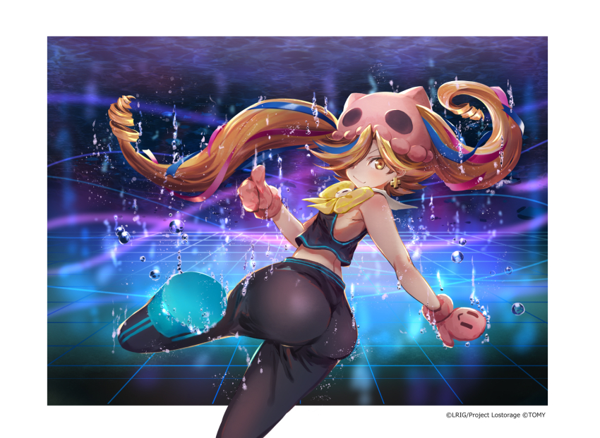 1girl, ass, black_pants, black_shirt, blue_hair, breasts, brown_hair, closed_mouth