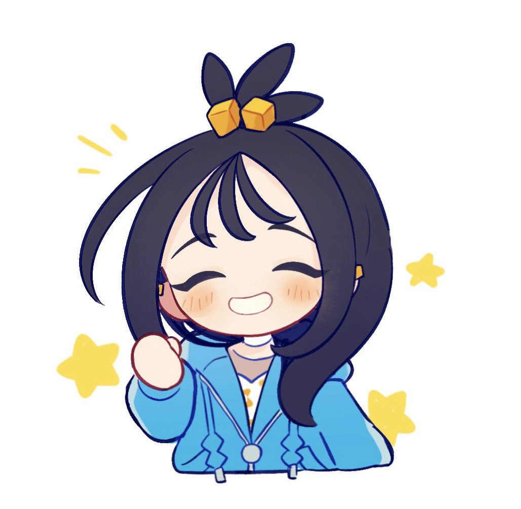 1girl, ^_^, black_hair, blue_hoodie, blush, chibi, chibi_only, closed_eyes, commentary, cropped_torso, cube_hair_ornament, drawstring, facing_viewer, grin, hair_ornament, hand_up, hood, hood_down, hoodie, inomo_(qimoshu), lida_(pokemon), long_hair, long_sleeves, nintendo, notice_lines, pokemon, pokemon_legends:_z-a, simple_background, smile, solo, star_(symbol), white_background