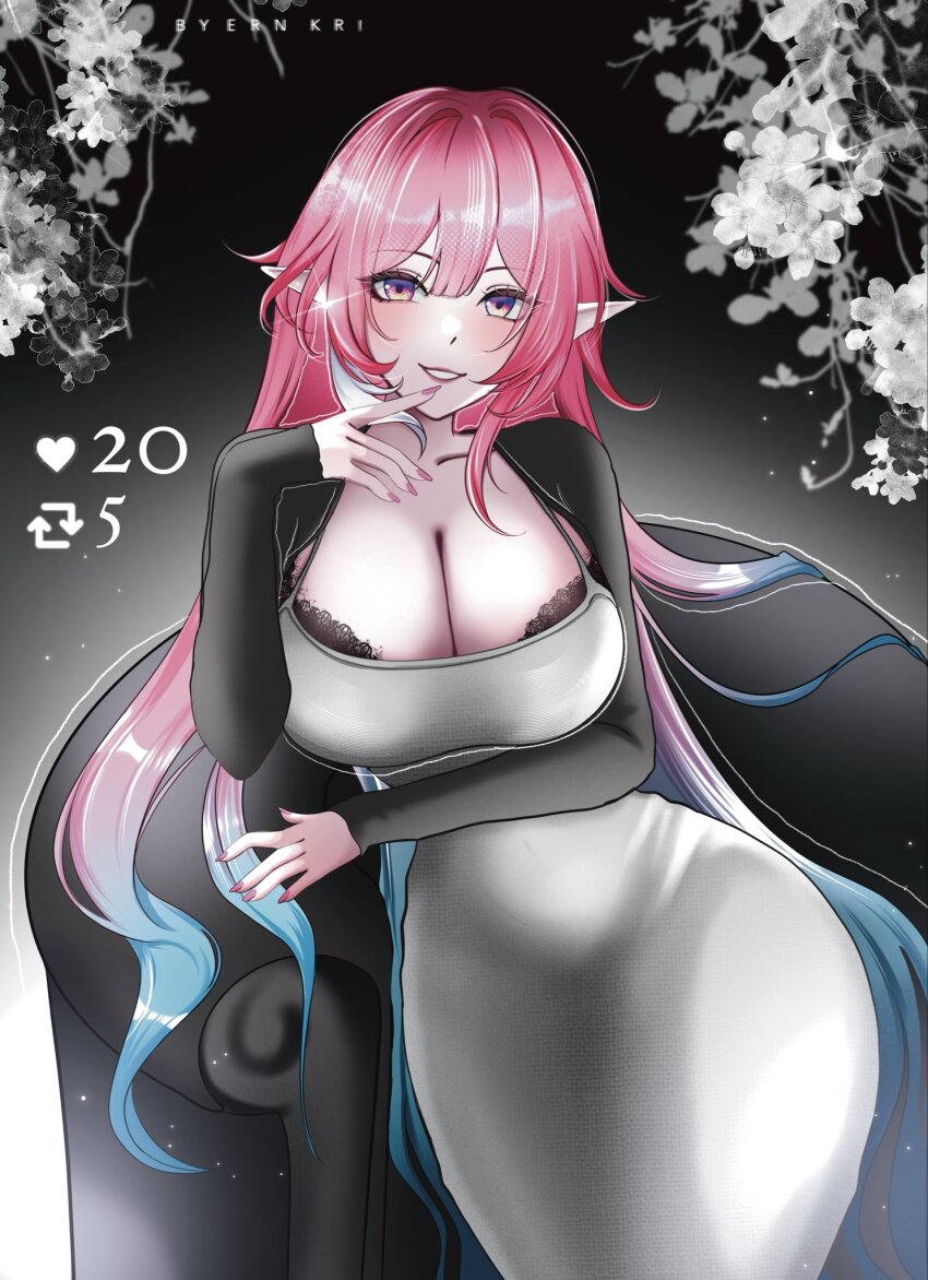 1girl, alternate_costume, aqua_hair, artist_name, black_bra, bra, bra_peek, breasts