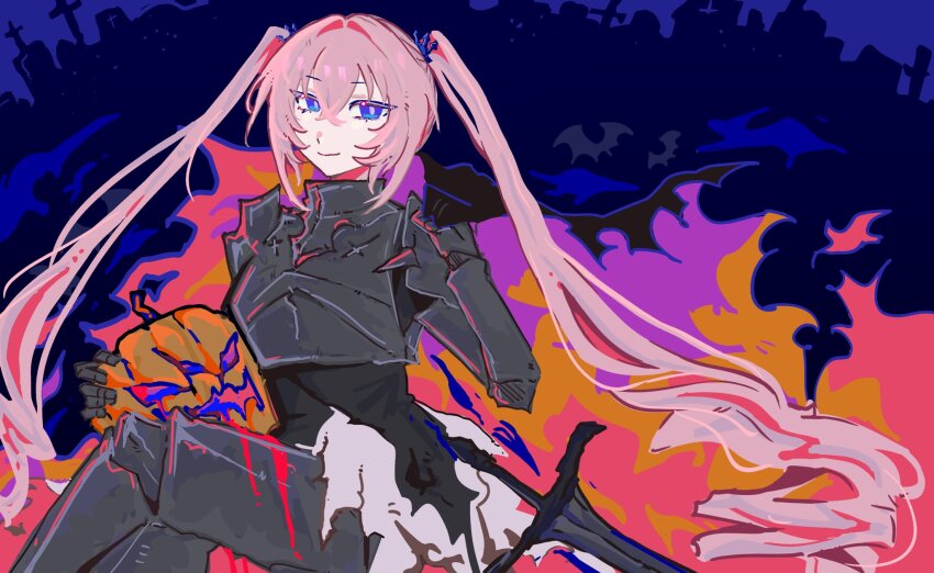 1girl, altea_alessandrini, armor, assault_lily, black_shirt, blue_background, blue_eyes, breastplate