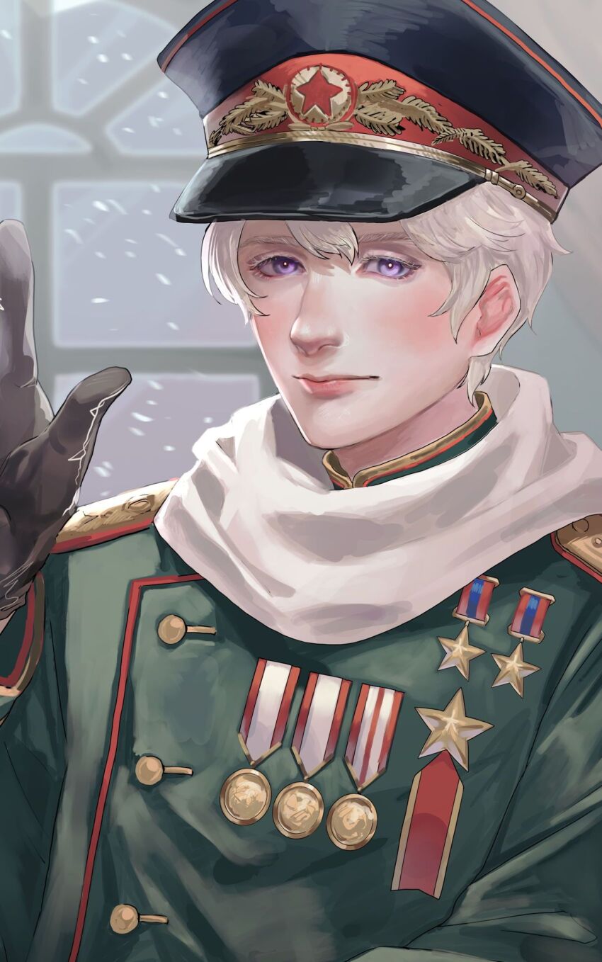 1boy, axis_powers_hetalia, black_gloves, buttons, closed_mouth, gloves, green_hat, green_jacket