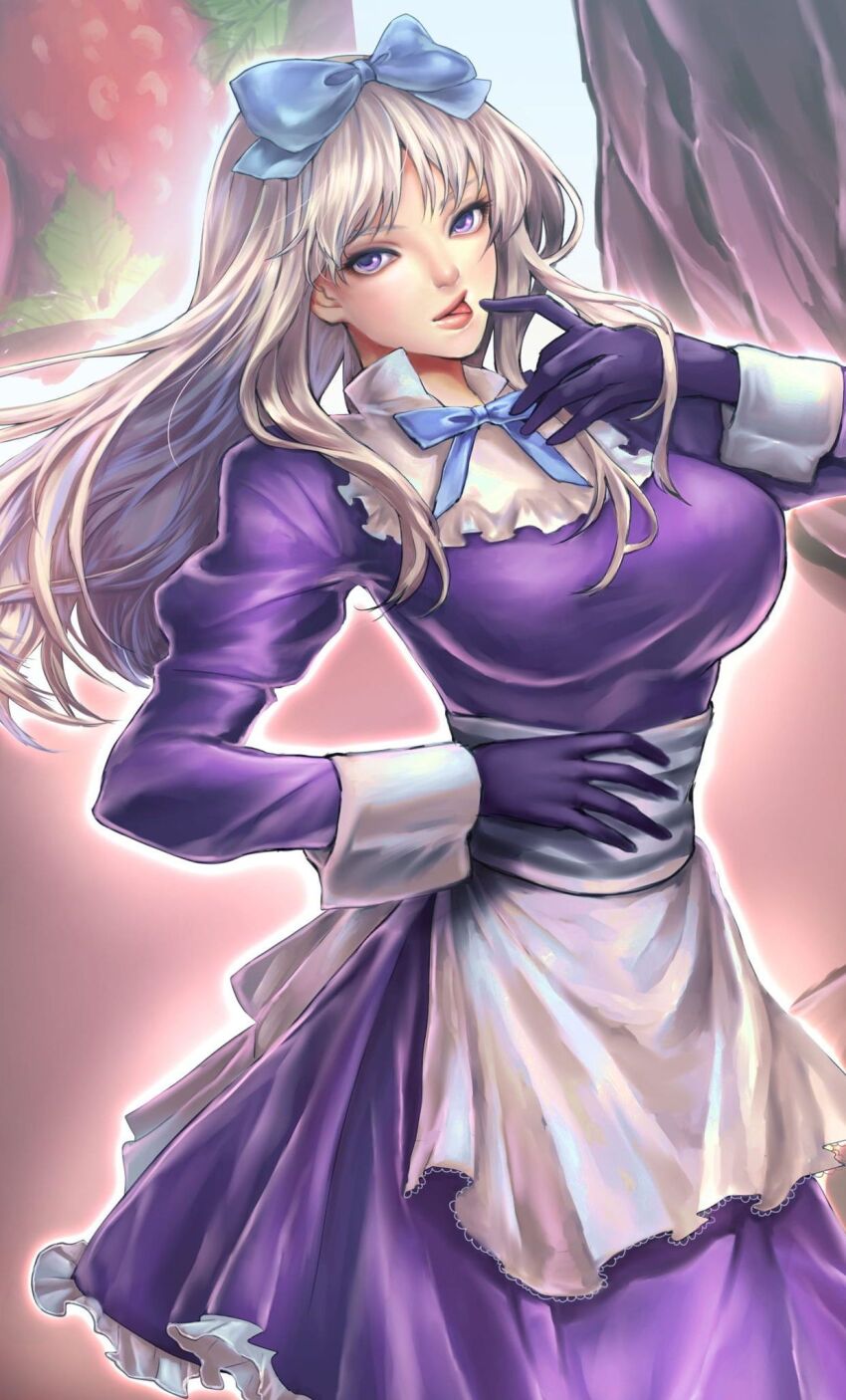 1girl, apron, axis_powers_hetalia, back_bow, belarus_(hetalia), blue_bow, blue_bowtie, bow