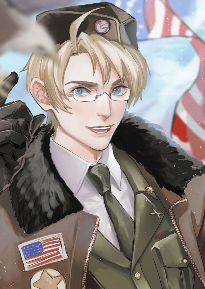 1boy, ahoge, america_(hetalia), american_flag, american_flag_print, axis_powers_hetalia, black_gloves, blonde_hair
