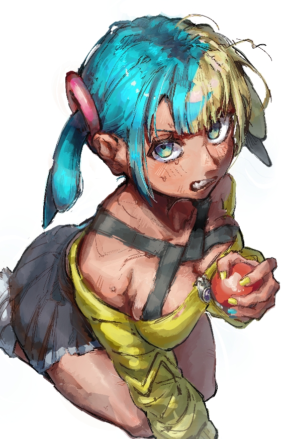 1girl, akebwanwan, angry, aqua_eyes, bandeau, breasts, canari_(pokemon), clenched_teeth