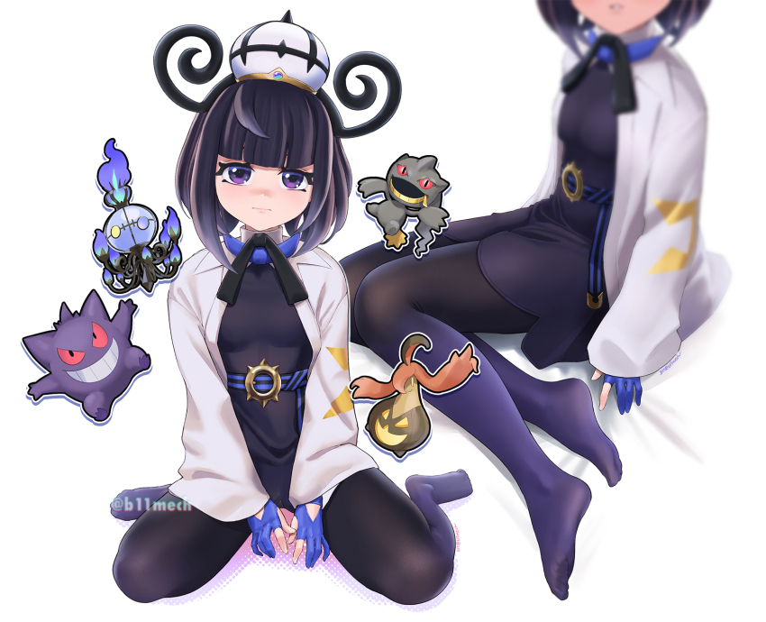 1girl, banette, beleven, black_dress, black_hair, black_pantyhose, black_ribbon, blue_gloves, blunt_bangs, chandelure, closed_mouth, dress, eyelashes, gen_1_pokemon, gen_3_pokemon, gen_5_pokemon, gen_6_pokemon, gengar, gloves, gourgeist, gwynn_(pokemon), highres, jacket, looking_at_viewer, medium_hair, mega_chandelure, mixed-language_commentary, multiple_views, neck_ribbon, nintendo, open_clothes, open_jacket, pantyhose, partially_fingerless_gloves, pokemon, pokemon_legends:_z-a, purple_eyes, ribbon, twitter_username, watermark, white_background, white_jacket