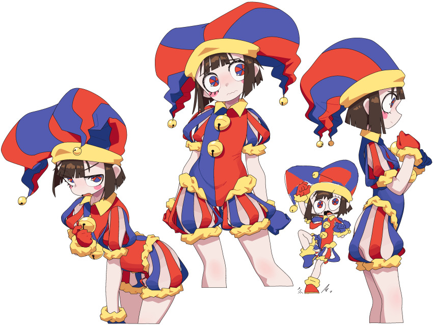 1girl, absurdres, adapted_costume, arched_back, arms_at_sides, asymmetrical_gloves, bell, blue_eyes