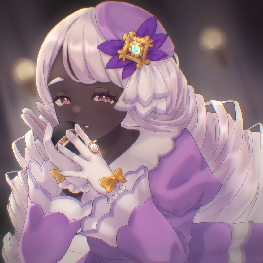 1girl, 517pomme, blurry, blurry_background, bow, bright_pupils, commentary_request, dark-skinned_female