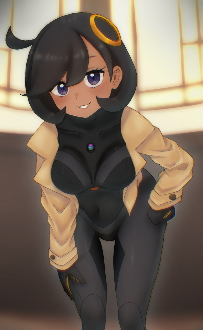 1girl, 517pomme, black_bodysuit, black_gloves, black_hair, blue_eyes, blurry, blurry_background, bodysuit, breasts, collared_jacket, commentary_request, emma_(pokemon), eyelashes, gloves, grin, happy, highres, jacket, leaning_forward, long_sleeves, looking_at_viewer, nintendo, open_clothes, open_jacket, pokemon, pokemon_legends:_z-a, ring_hair_ornament, short_hair, smile, solo, teeth, yellow_jacket