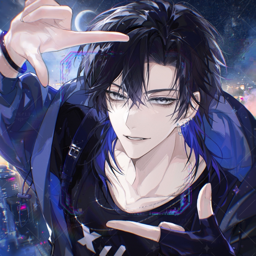 1boy, absurdres, bishounen, black_gloves, black_hair, black_shirt, blue_hair, blue_jacket