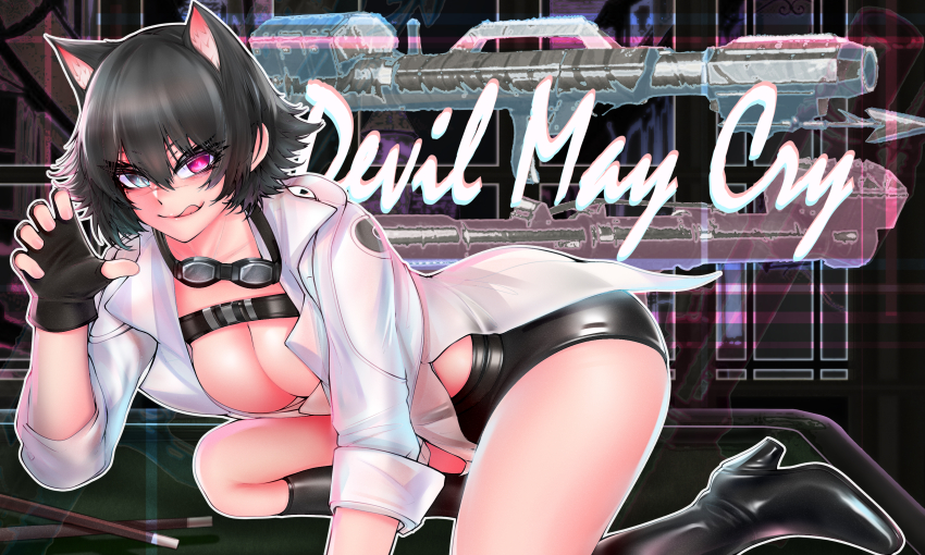1girl, absurdres, animal_ear_fluff, animal_ears, black_gloves, black_hair, black_shorts, breasts