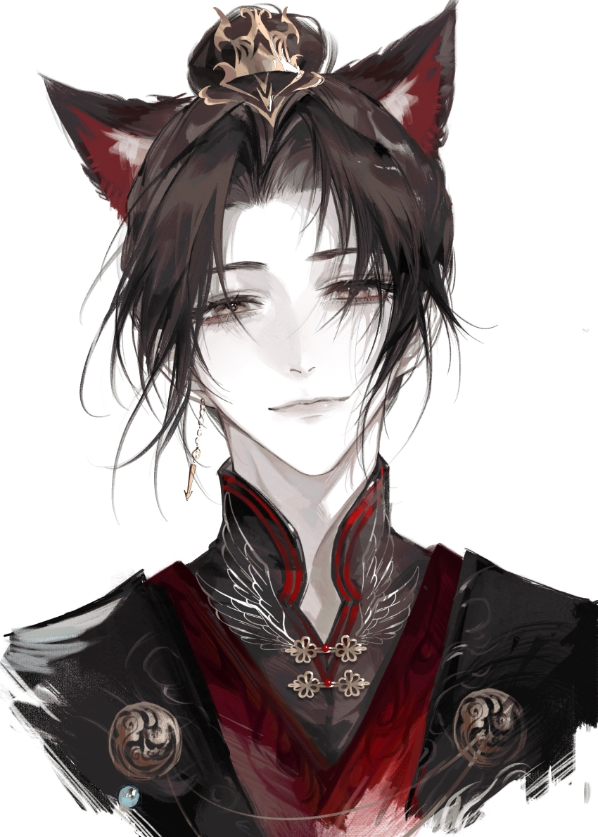 1boy, absurdres, animal_ear_fluff, animal_ears, bishounen, black_hair, black_hanfu, brown_eyes