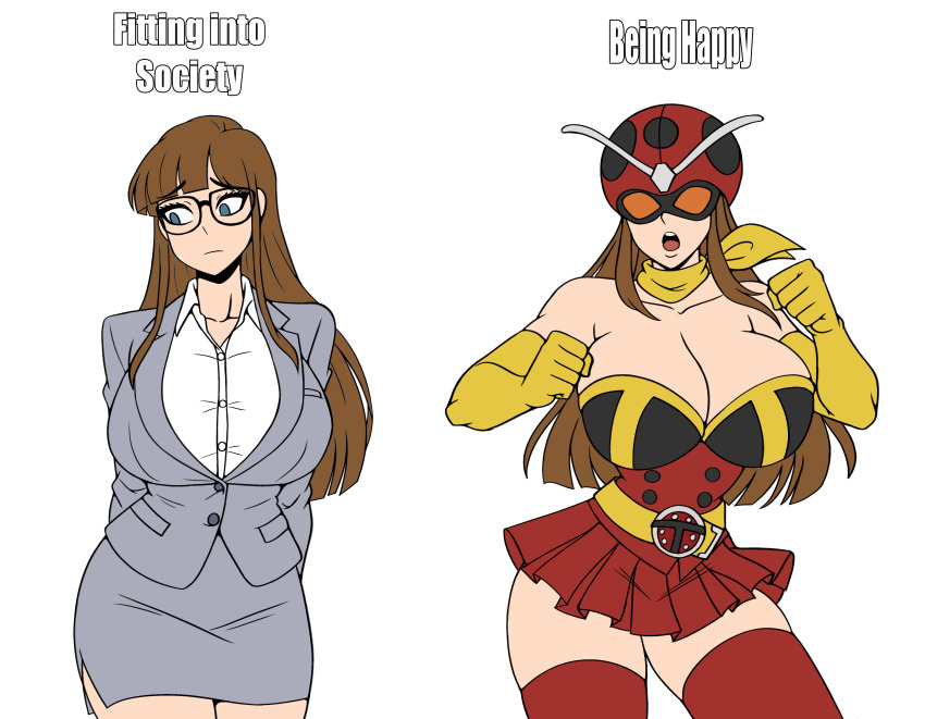 1girl, absurdres, arms_behind_back, bare_shoulders, before_and_after, being_happy_or_fitting_into_society_(meme), belt, blue_eyes