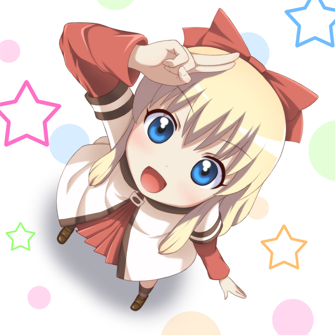 >:), >:d, 1girl, :d, blonde_hair, blue_eyes, blush, bow, female_focus, from_above, hair_bow, looking_at_viewer, looking_up, mount_whip, open_mouth, salute, school_uniform, serafuku, smile, solo, star_(symbol), toshinou_kyouko, two-finger_salute, v-shaped_eyebrows, yuruyuri, zgh3273