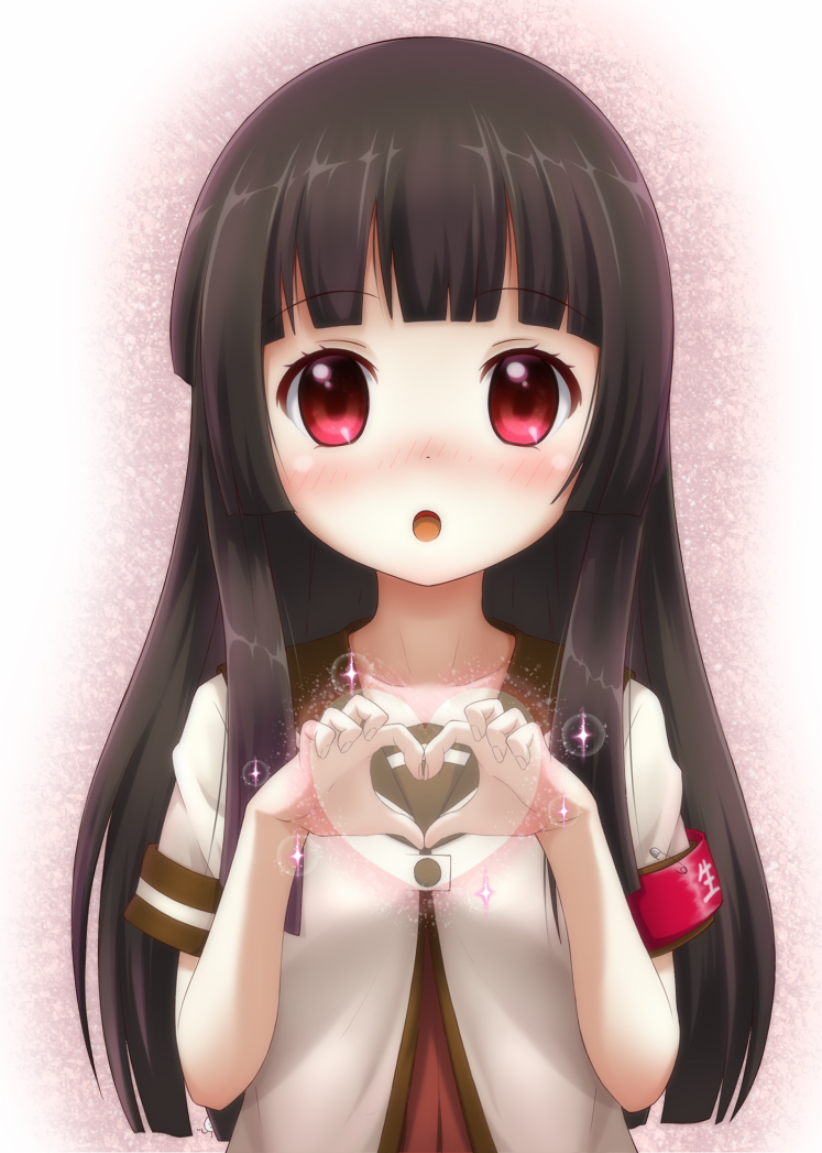 1girl, four-finger_heart_hands, :o, black_hair, blush, female_focus, fingernails, heart