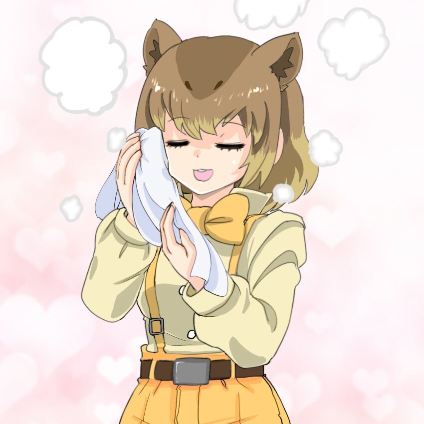 1girl, :3, belt, blush, brown_belt, brown_hair, brown_shirt, buck_teeth