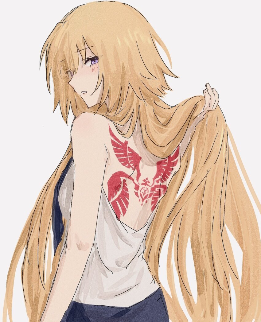 1girl, back, back_tattoo, backless_outfit, backless_shirt, black_necktie, blush, command_spell