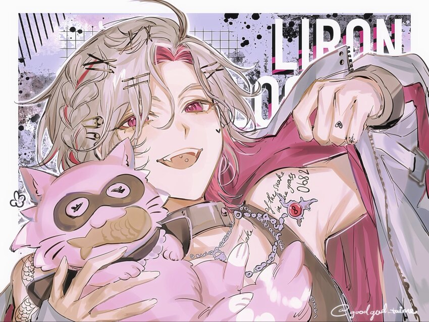 1boy, :d, animal, arm_tattoo, cat, chain, collar, cuffs, facial_tattoo, fangs, finger_tattoo, first_stage_production, hair_ornament, hairclip, highres, holding, holding_animal, holding_cat, jacket, liron_lockheart, multicolored_hair, multicolored_jacket, noracupcake, open_mouth, piercing, pink_cat, pink_eyes, shackles, smile, tattoo, tongue_piercing
