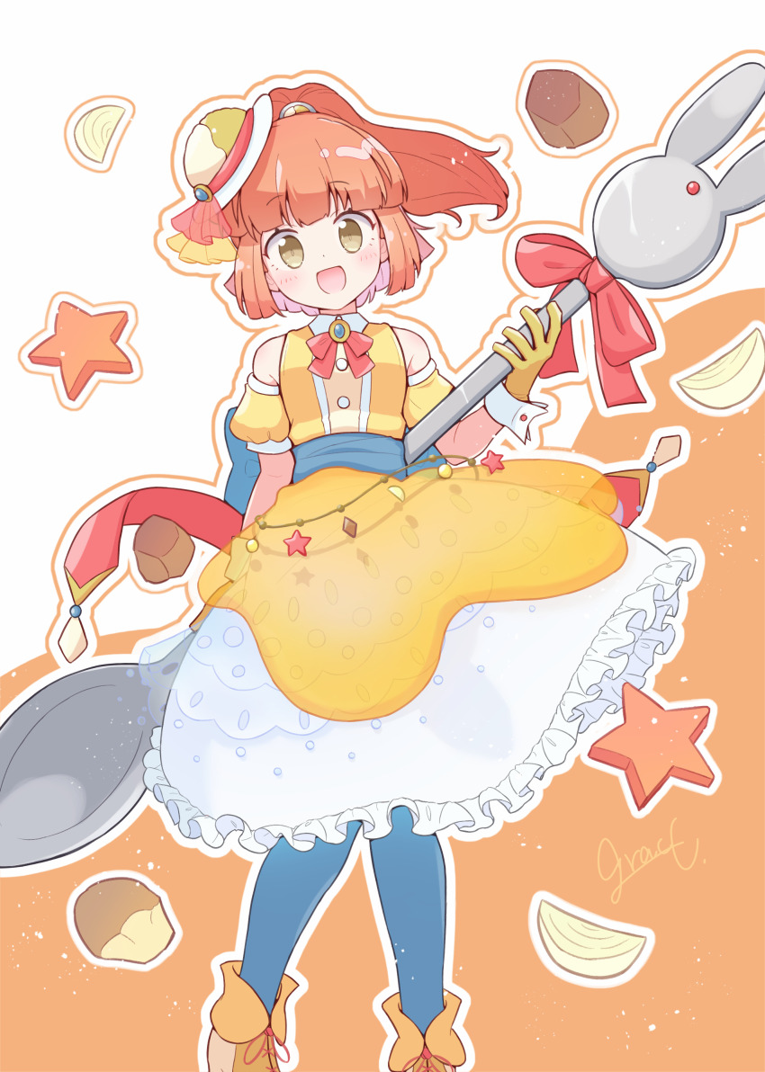 1girl, absurdres, arle_nadja, blue_pantyhose, brooch, commentary_request, curry, detached_sleeves