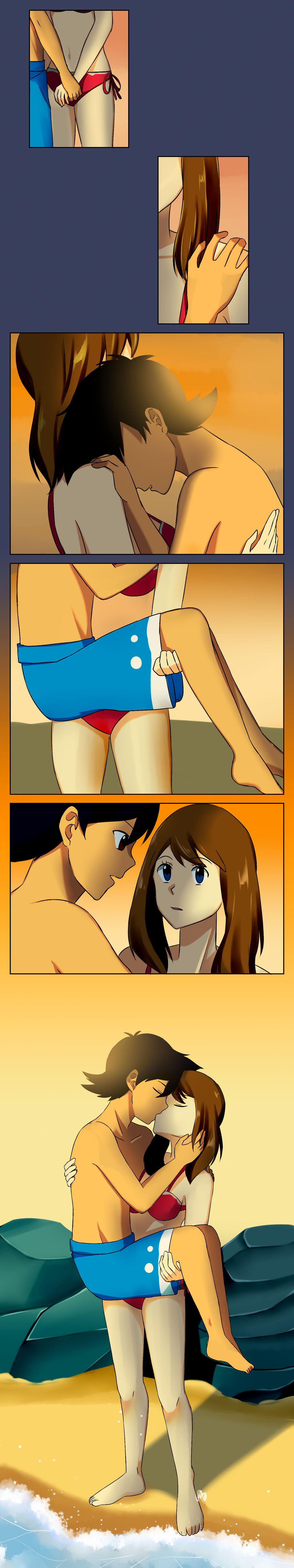 1boy, 1girl, absurdres, ash_ketchum, bikini, black_hair, blue_swim_trunks, brown_hair, carrying, carrying_person, highres, kiss, long_image, looking_at_another, male_swimwear, may_(pokemon), nintendo, pokemon, pokemon:_lucario_and_the_mystery_of_mew, pokemon_(anime), pokemon_the_series:_ruby_and_sapphire, princess_carry, red_bikini, reverse_princess_carry, riallian, swim_trunks, swimsuit, tall_image