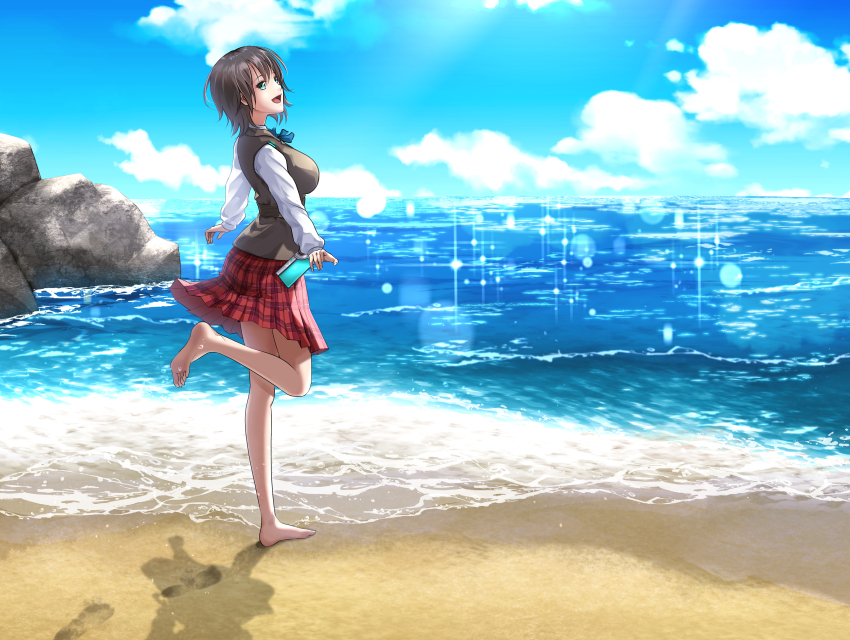 1girl, :d, absurdres, aoi_erika, bare_legs, barefoot, beach, black_hair, blue_bow, blue_bowtie, blue_eyes, blue_sky, blush, bow, bowtie, breasts, brown_hair, cloud, collared_shirt, day, feet, food, footprints, from_side, full_body, green_eyes, heaven_burns_red, highres, holding, kepekki_kanojo, large_breasts, leg_up, legs, lens_flare, long_sleeves, looking_at_viewer, looking_back, ocean, open_mouth, outdoors, phone, plaid_clothes, plaid_skirt, pleated_skirt, popsicle, red_skirt, ribbon, rock, sand, school_uniform, shirt, short_hair, skirt, sky, smile, soles, solo, sparkle, standing, standing_on_one_leg, sweater_vest, toes, vest, virtual_youtuber, water, white_shirt
