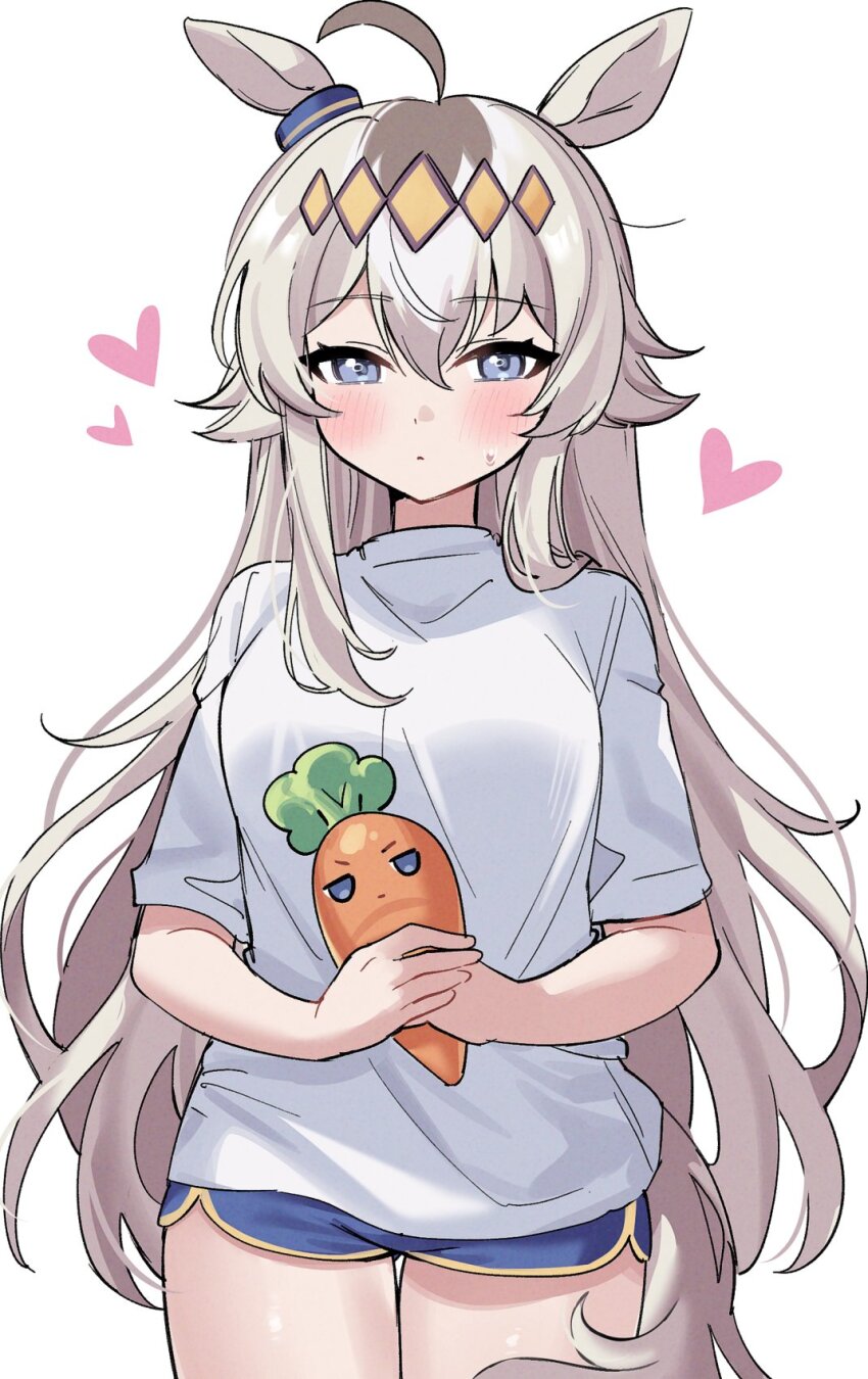 1girl, ahoge, animal_ears, blue_eyes, blue_shorts, blush, breasts, carrot, closed_mouth, ear_ornament, eyemethyst, grey_hair, grey_tail, hair_between_eyes, hair_ornament, hairband, heart, highres, holding, horse_ears, horse_girl, horse_tail, long_hair, looking_at_viewer, medium_breasts, multicolored_hair, oguri_cap_(umamusume), shirt, shorts, simple_background, solo, stuffed_carrot, sweatdrop, tail, umamusume, white_background, white_shirt