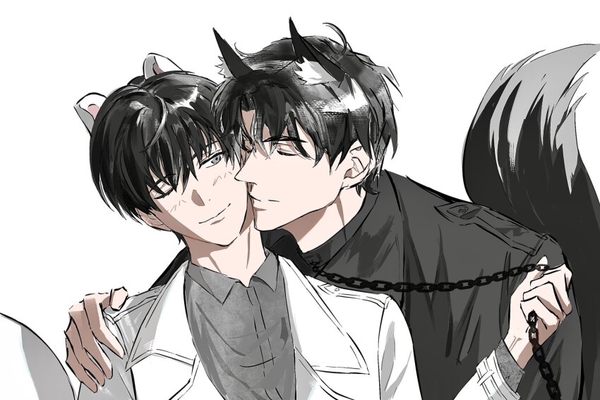 2boys, 8d2suga9, animal_ears, black_coat, black_eyes, black_hair, black_shirt, chain