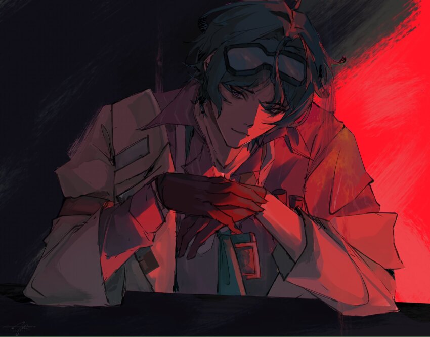 1boy, argentichrysa, coat, elias_delborne, eyewear_on_head, first_stage_production, gloves, head_tilt