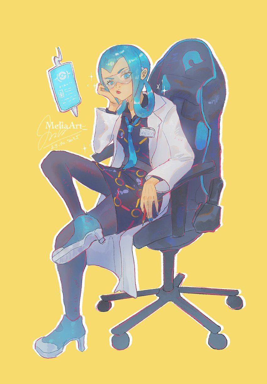 1girl, black_dress, blue-tinted_eyewear, blue_eyes, blue_hair, blue_nails, blue_necktie, breasts