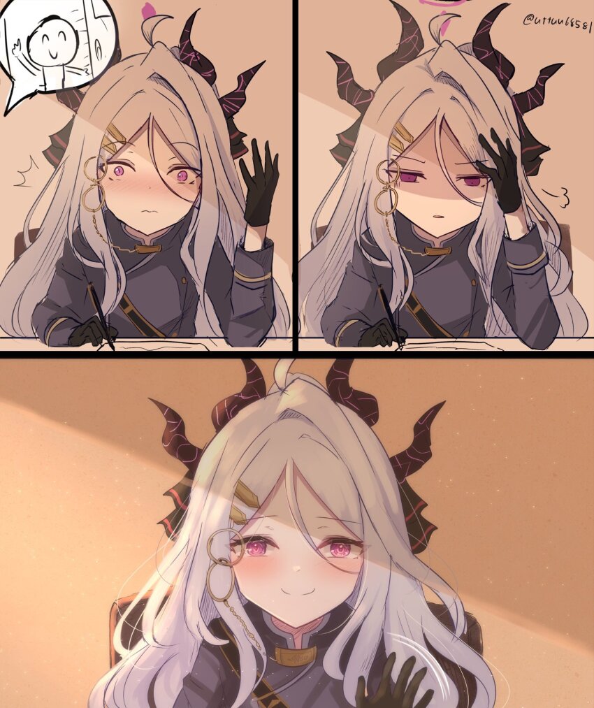 1boy, 1girl, ahoge, black_gloves, black_halo, blue_archive, blush, demon_girl