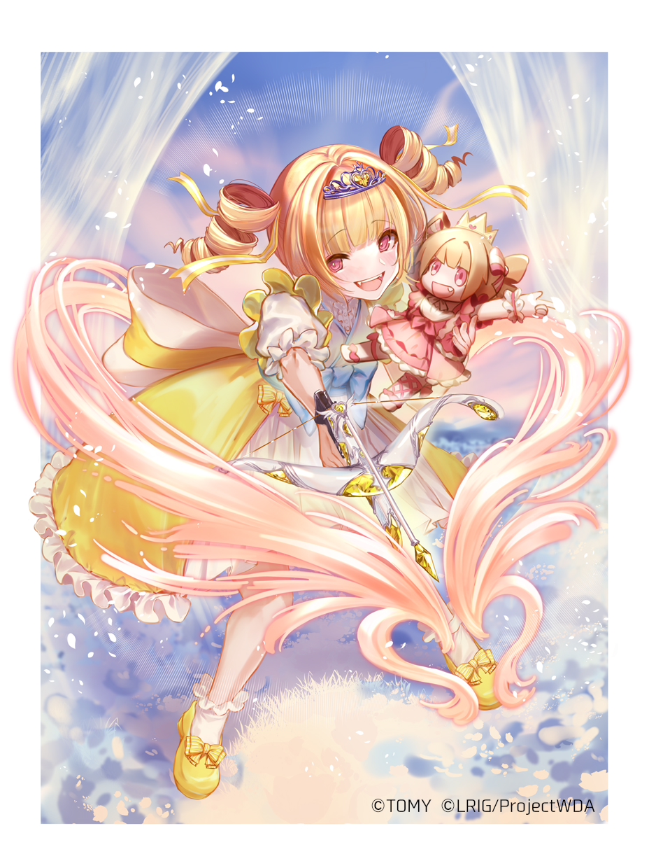 1girl, blonde_hair, bowgun, character_doll, copyright_notice, doll, dqn_(dqnww), dress