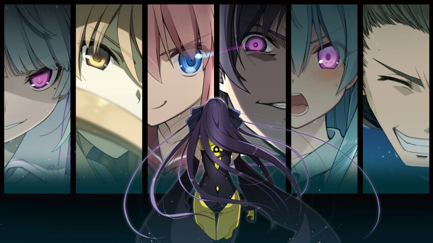 2boys, 5girls, ao_no_kanata_no_four_rhythm, aoyagi_shion, black_ribbon, blonde_hair, blue_hair, closed_eyes, curvy, floating_hair, ganeko_mayu, hair_ribbon, highres, kurashina_asuka, long_hair, multiple_boys, multiple_girls, non-web_source, official_art, pink_hair, purple_eyes, ribbon, satouin_reiko, shindou_kazunari, shirase_minamo, smug, suzumori, tobisawa_misaki, very_long_hair, yellow_eyes