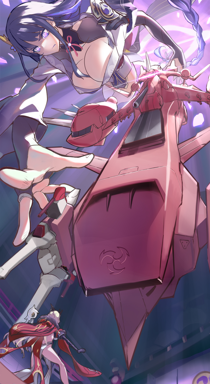 2girls, alternate_costume, angry, aoi_lavender, asymmetrical_sleeves, bare_legs, black_gloves, blonde_hair