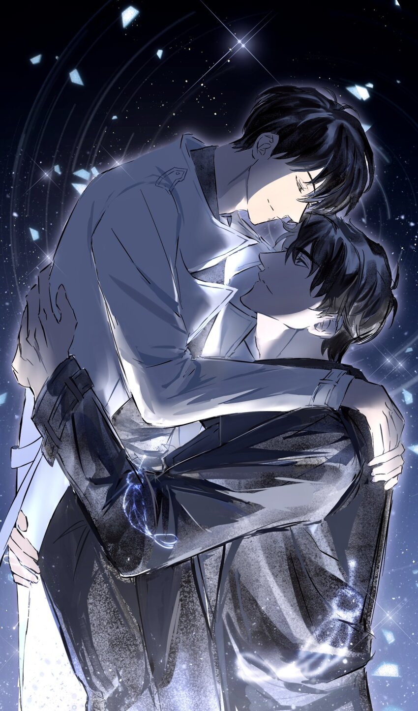 2boys, 8d2suga9, black_coat, black_eyes, black_hair, closed_eyes, coat, cowboy_shot