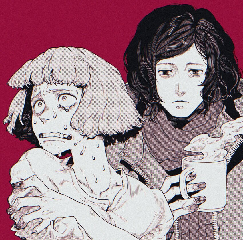 1boy, 1girl, black_hair, blood, blood_on_hands, blunt_bangs, bob_cut, cashier_girl_(no_i'm_not_a_human)