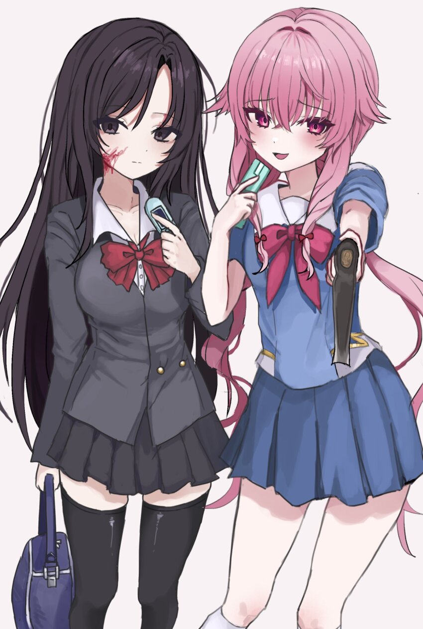 2girls, axe, bag, black_skirt, black_thighhighs, blood, blood_on_face, blue_bag, blue_shirt, blue_skirt, blush, bow, breasts, brown_eyes, brown_hair, cellphone, closed_mouth, collarbone, commentary_request, dot_nose, expressionless, feet_out_of_frame, flip_phone, gasai_yuno, grey_vest, hair_bow, hair_intakes, hand_up, hashtag-only_commentary, hatchet_(axe), highres, holding, holding_axe, holding_bag, holding_phone, katsura_kotonoha, large_breasts, long_hair, long_sleeves, looking_at_viewer, mirai_nikki, multiple_girls, nokos37, open_mouth, phone, pink_eyes, pink_hair, pleated_skirt, red_bow, sailor_collar, sakakino_academy_school_uniform, school_bag, school_days, school_uniform, shirt, sidelocks, simple_background, skirt, small_breasts, smile, standing, thighhighs, twintails, very_long_hair, vest, white_background, white_sailor_collar, wing_collar, zettai_ryouiki
