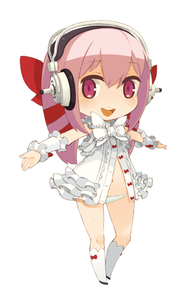1girl, al_azif_(cosplay), al_azif_(demonbane), chibi, cosplay, demonbane, female_focus, frills, hair_ribbon, headphones, mota, nitroplus, open_mouth, panties, pink_hair, red_eyes, ribbon, short_hair, simple_background, socks, solo, super_sonico, underwear, white_background
