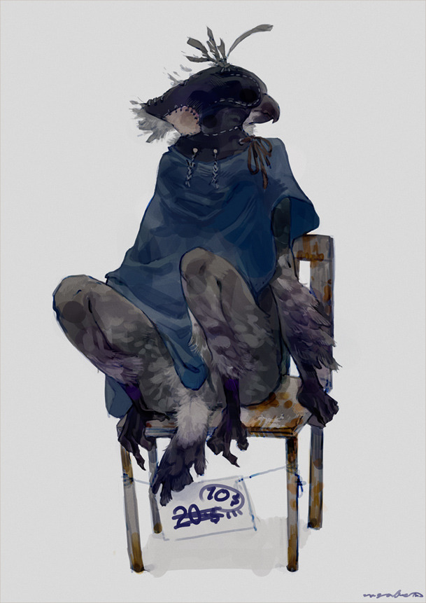 1boy, animal_feet, bird_boy, black_feathers, blue_cloak, chair, claws, cloak
