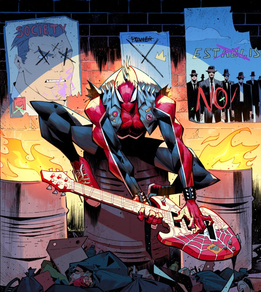 1boy, absurdres, alley, animal_print, bodysuit, bracelet, burning, dark_alleyway, electric_guitar, english_text, fire, guitar, highres, hobie_brown_(spider-punk), holding, holding_guitar, holding_instrument, instrument, jacket, jewelry, leo_chiola, male_focus, marvel, mask, multicolored_bodysuit, muscular, muscular_male, music, official_art, playing_guitar, playing_instrument, poster_(object), print_bodysuit, propaganda, shoes, solo, spider-man_(series), spider-punk, spider-verse, spider-verse_(comics), spider_print, spider_web_print, spiked_bracelet, spiked_jacket, spikes, superhero_costume, trash_bag, trash_can, two-tone_bodysuit, vest