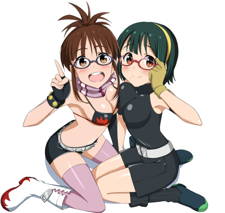 2girls, adjusting_eyewear, akizuki_ritsuko, armpits, bare_shoulders, bespectacled, bikini, bikini_top_only