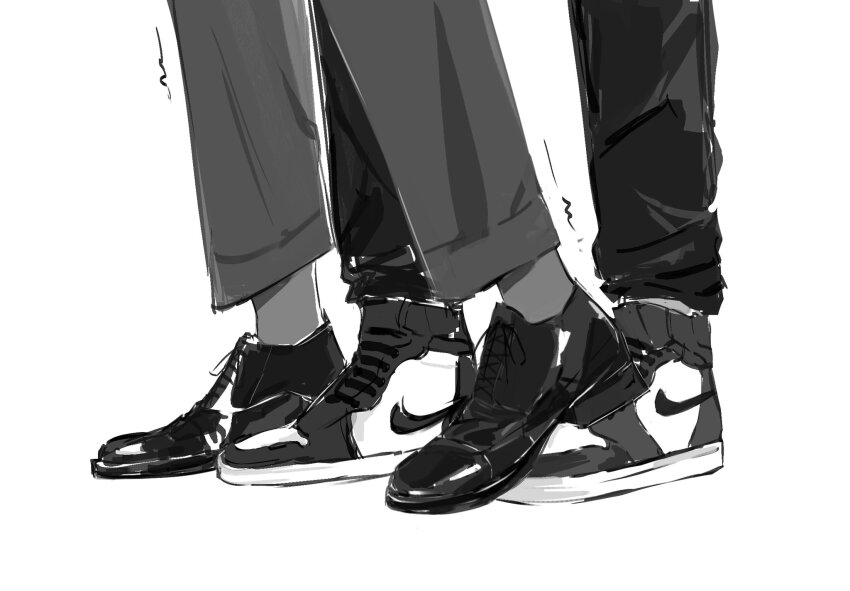2boys, 8d2suga9, black_socks, dress_shoes, greyscale, highres, kim_dokja, monochrome