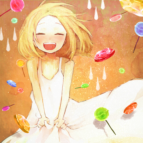 1girl, :d, ^_^, bad_id, bad_pixiv_id, blonde_hair, blush, candy, closed_eyes, dress, female_focus, food, fruit, happy, kaga_rin, lollipop, lowres, mizuiro_buranko, open_mouth, orange_(fruit), orange_theme, smile, solo, usagi_drop, water_drop, white_dress