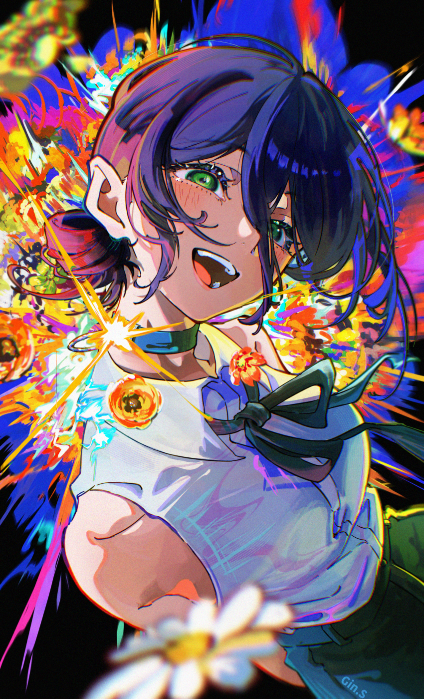 1girl, :d, absurdres, arms_behind_back, black_choker, black_ribbon, black_shorts, chainsaw_man